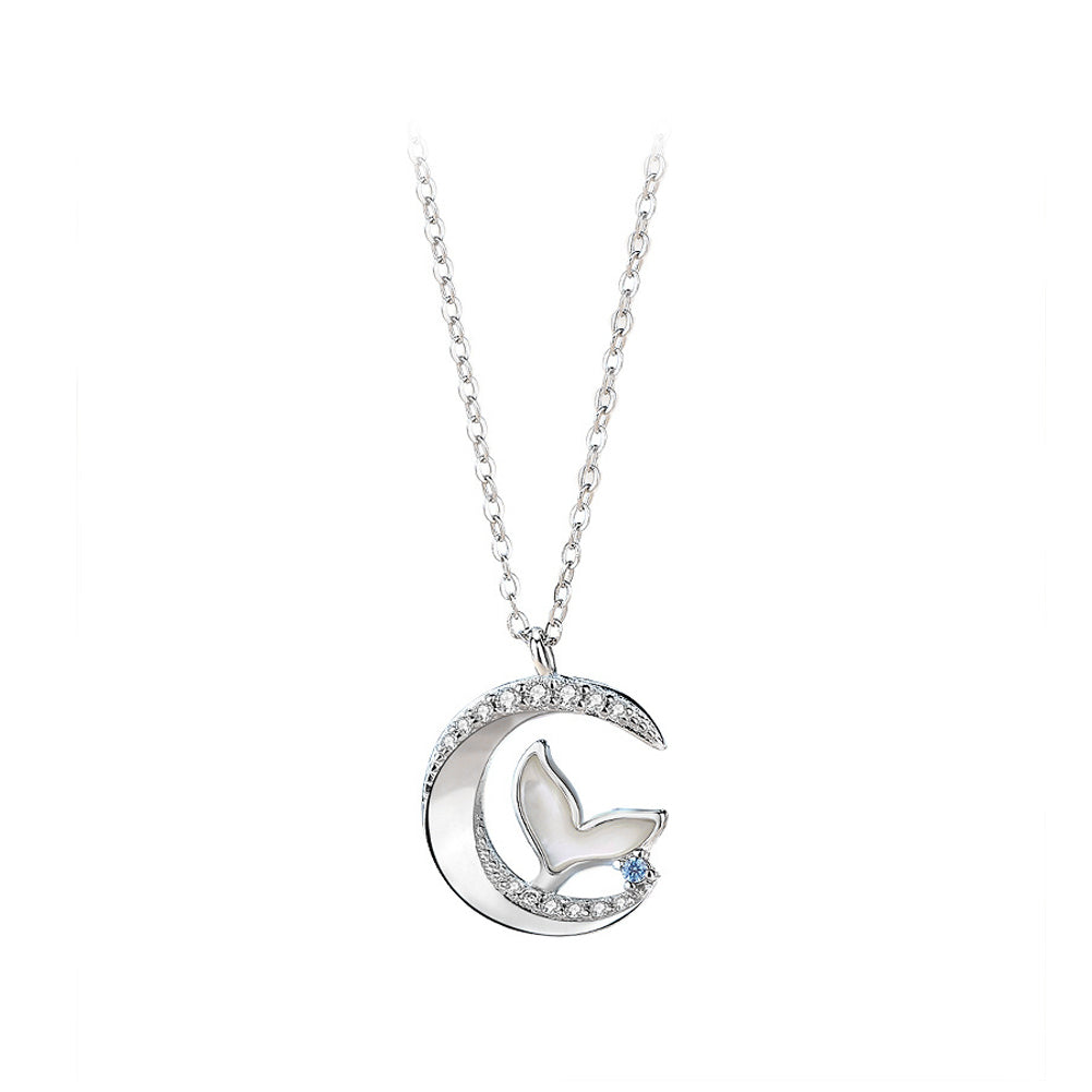 925 Sterling Silver Fashion Simple Mermaid Moon Pendant with Cubic Zirconia and Necklace