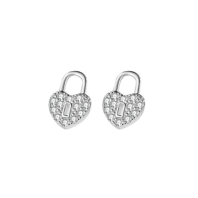 925 Sterling Silver Simple Romantic Heart Lock Stud Earrings with Cubic Zirconia