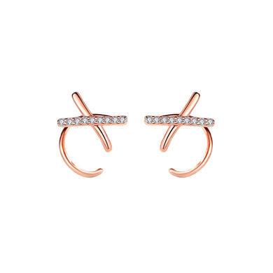 925 Sterling Silver Plated Rose Gold Simple Personality Cross Geometric Stud Earrings with Cubic Zirconia