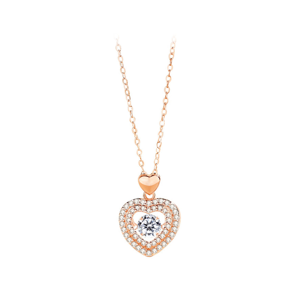 925 Sterling Silver Plated Rose Gold Fashion Brilliant Heart Pendant with Cubic Zirconia and Necklace