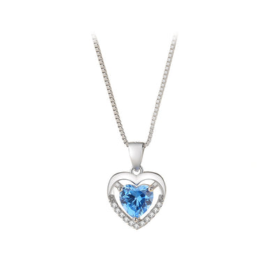 925 Sterling Silver Simple Fashion Hollow Heart Pendant with Blue Cubic Zirconia and Necklace