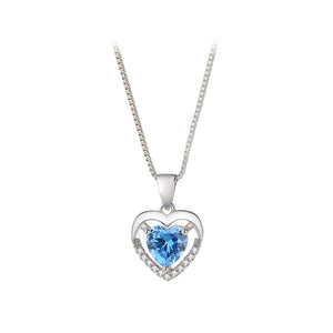 925 Sterling Silver Simple Fashion Hollow Heart Pendant with Blue Cubic Zirconia and Necklace
