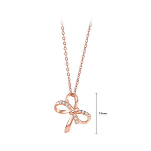 925 Sterling Silver Plated Rose Gold Simple Sweet Ribbon Pendant with Cubic Zirconia and Necklace