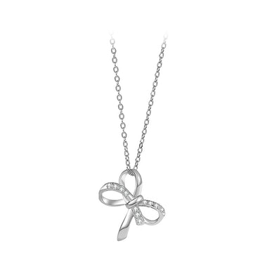 925 Sterling Silver Simple Sweet Ribbon Pendant with Cubic Zirconia and Necklace