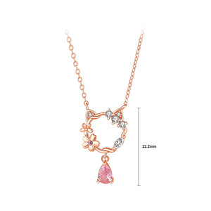 925 Sterling Silver Plated Rose Gold Fashion Temperament Hollow Cat Flower Pendant with Cubic Zirconia and Necklace