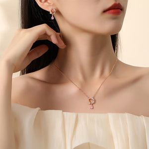 925 Sterling Silver Plated Rose Gold Fashion Temperament Hollow Cat Flower Pendant with Cubic Zirconia and Necklace