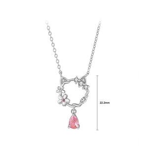 925 Sterling Silver Fashion Temperament Hollow Cat Flower Pendant with Cubic Zirconia and Necklace