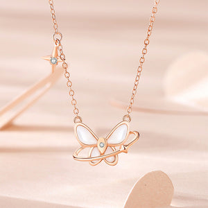925 Sterling Silver Plated Rose Gold Fashion Elegant Butterfly Mother-of-pearl Star Pendant with Cubic Zirconia and Necklace