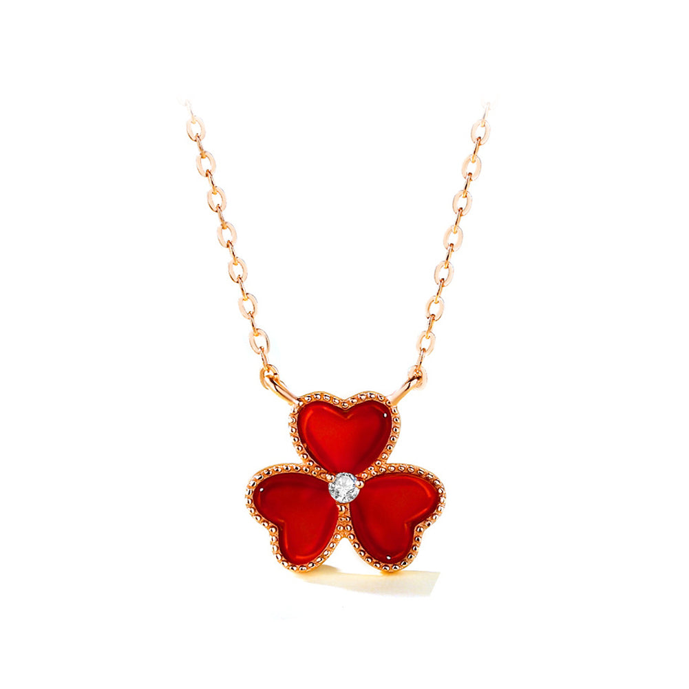 925 Sterling Silver Plated Rose Gold Fashion Simple Three-leafed Clover Red Imitation Agate Pendant with Cubic Zirconia and Necklace