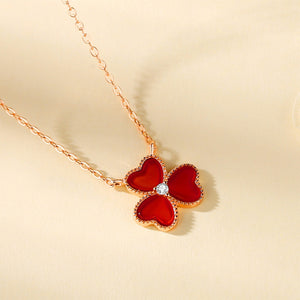 925 Sterling Silver Plated Rose Gold Fashion Simple Three-leafed Clover Red Imitation Agate Pendant with Cubic Zirconia and Necklace