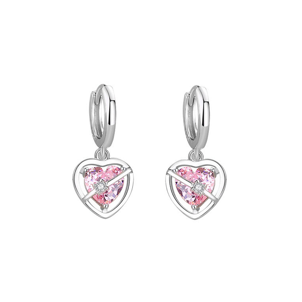 925 Sterling Silver Fashion Simple Heart Shaped Earrings with Pink Cubic Zirconia