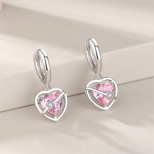 925 Sterling Silver Fashion Simple Heart Shaped Earrings with Pink Cubic Zirconia