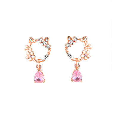 925 Sterling Silver Plated Rose Gold Fashion Sweet Hollow Cat Flower Earrings with Cubic Zirconia