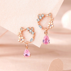 925 Sterling Silver Plated Rose Gold Fashion Sweet Hollow Cat Flower Earrings with Cubic Zirconia