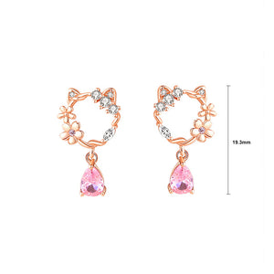 925 Sterling Silver Fashion Sweet Hollow Cat Flower Earrings with Cubic Zirconia
