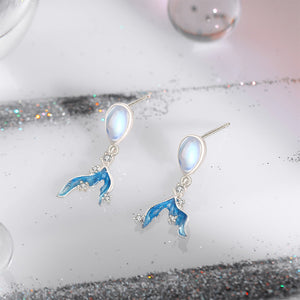925 Sterling Silver Fashion Sweet Mermaid Tail Moonstone Stud Earrings with Cubic Zirconia