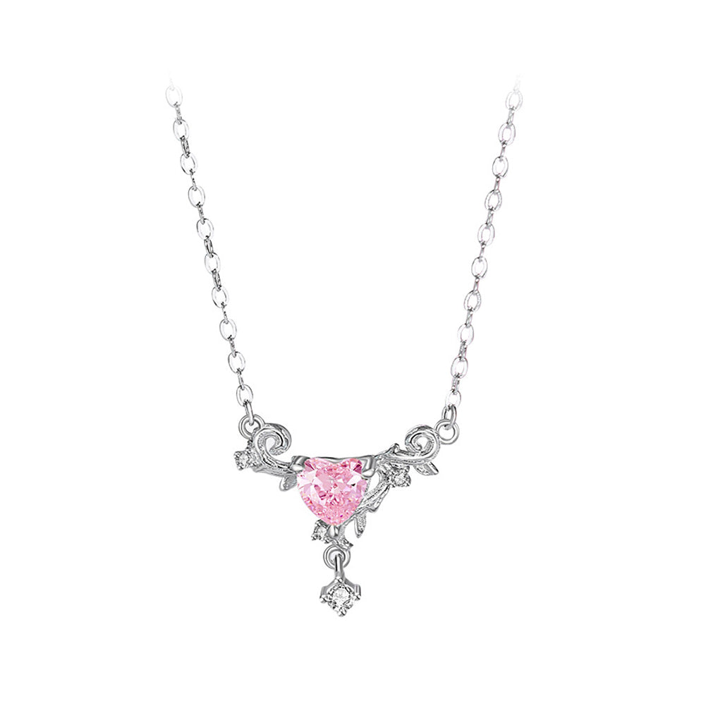 925 Sterling Silver Fashion Simple Thorn Heart Pendant with Pink Cubic Zirconia and Necklace