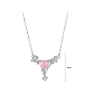 925 Sterling Silver Fashion Simple Thorn Heart Pendant with Pink Cubic Zirconia and Necklace