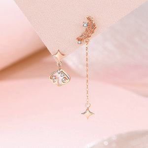 925 Sterling Silver Plated Rose Gold Fashion Temperament Feather Star Tassel Asymmetric Stud Earrings with Cubic Zirconia