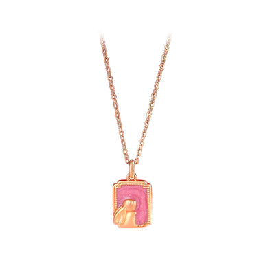 925 Sterling Silver Plated Rose Gold Fashion Cute Rabbit Geometric Square Pendant with Necklace