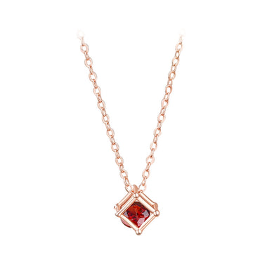 925 Sterling Silver Plated Rose Gold Fashion Simple Geometric Square Pendant with Red Cubic Zirconia and Necklace