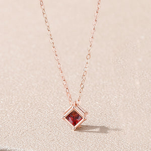 925 Sterling Silver Plated Rose Gold Fashion Simple Geometric Square Pendant with Red Cubic Zirconia and Necklace