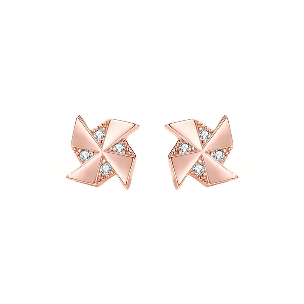 925 Sterling Silver Plated Rose Gold Simple Fashion Windmill Stud Earrings with Cubic Zirconia