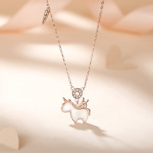 925 Sterling Silver Plated Rose Gold Fashion Cute Unicorn Pendant with Cubic Zirconia and Necklace
