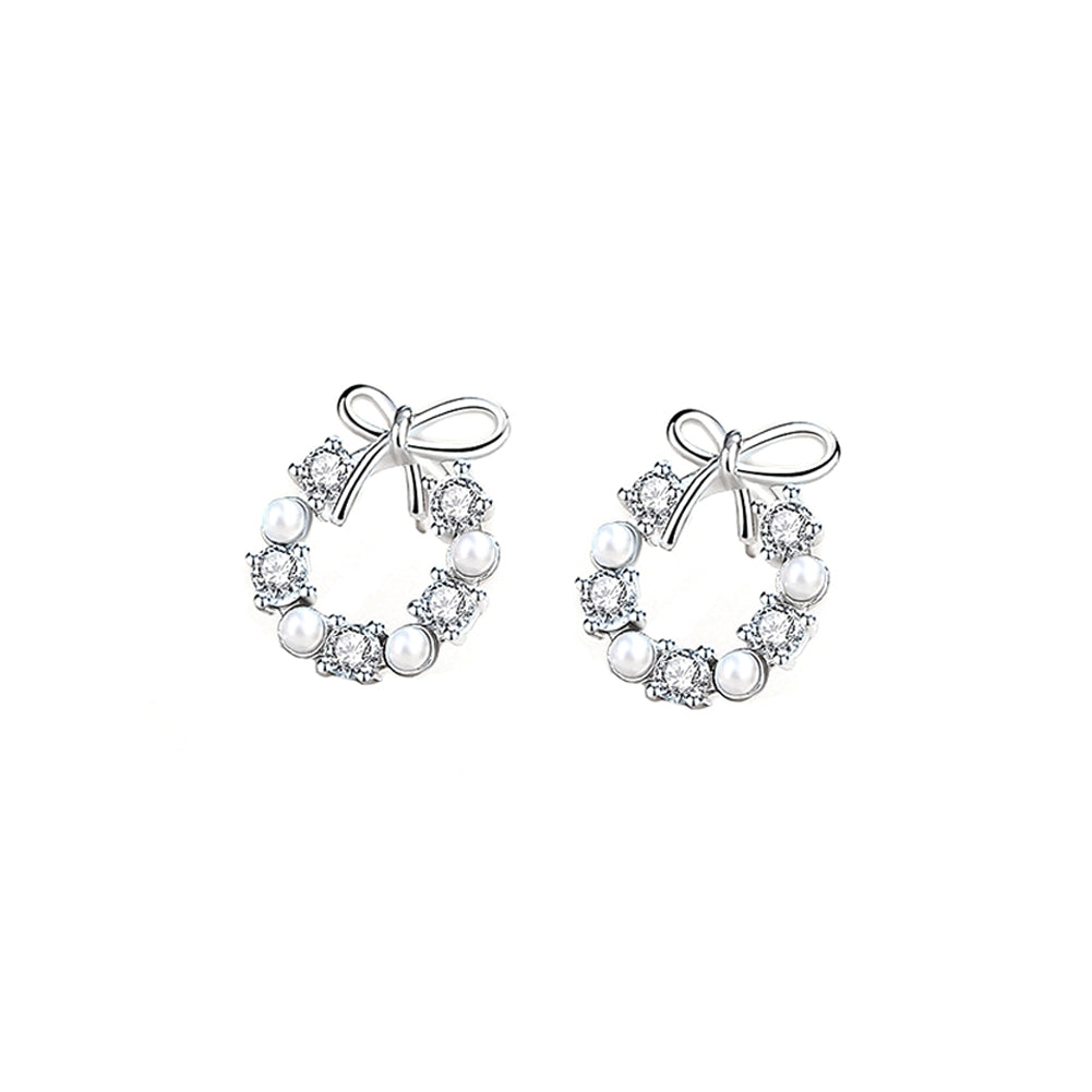 925 Sterling Silver Simple Sweet Ribbon Circle Imitation Pearl Earrings with Cubic Zirconia