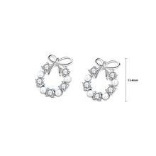 Load image into Gallery viewer, 925 Sterling Silver Simple Sweet Ribbon Circle Imitation Pearl Earrings with Cubic Zirconia