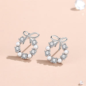 925 Sterling Silver Simple Sweet Ribbon Circle Imitation Pearl Earrings with Cubic Zirconia