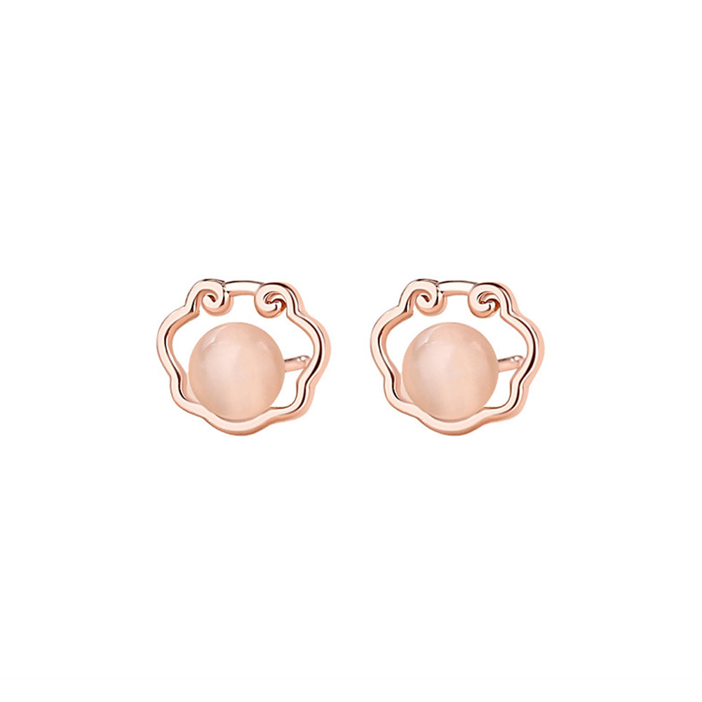 925 Sterling Silver Plated Rose Gold Simple Vintage Ping An Lock Imitation Opal Stud Earrings