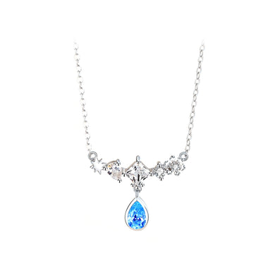 925 Sterling Silver Fashion Temperament Geometric Water Drop-shaped Pendant with Blue Cubic Zirconia and Necklace
