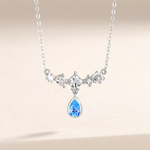 925 Sterling Silver Fashion Temperament Geometric Water Drop-shaped Pendant with Blue Cubic Zirconia and Necklace