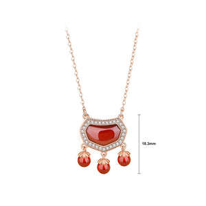 925 Sterling Silver Rose Gold Plated Fashion Vintage Ruyi Lock Imitation Garnet Pendant with Cubic Zirconia and Necklace