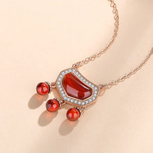 Load image into Gallery viewer, 925 Sterling Silver Rose Gold Plated Fashion Vintage Ruyi Lock Imitation Garnet Pendant with Cubic Zirconia and Necklace