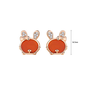925 Sterling Silver Plated Rose Gold Simple Cute Rabbit Red Imitation Agate Stud Earrings with Cubic Zirconia