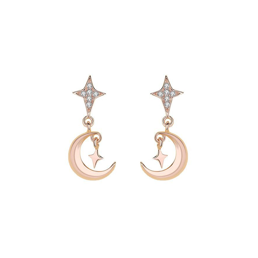 925 Sterling Silver Plated Rose Gold Fashion Simple Star and Moon Stud Earrings with Cubic Zirconia