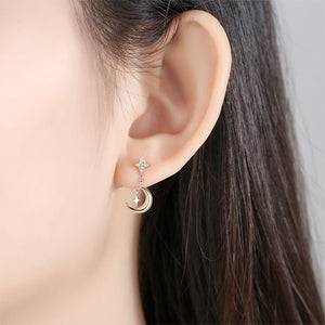 925 Sterling Silver Plated Rose Gold Fashion Simple Star and Moon Stud Earrings with Cubic Zirconia