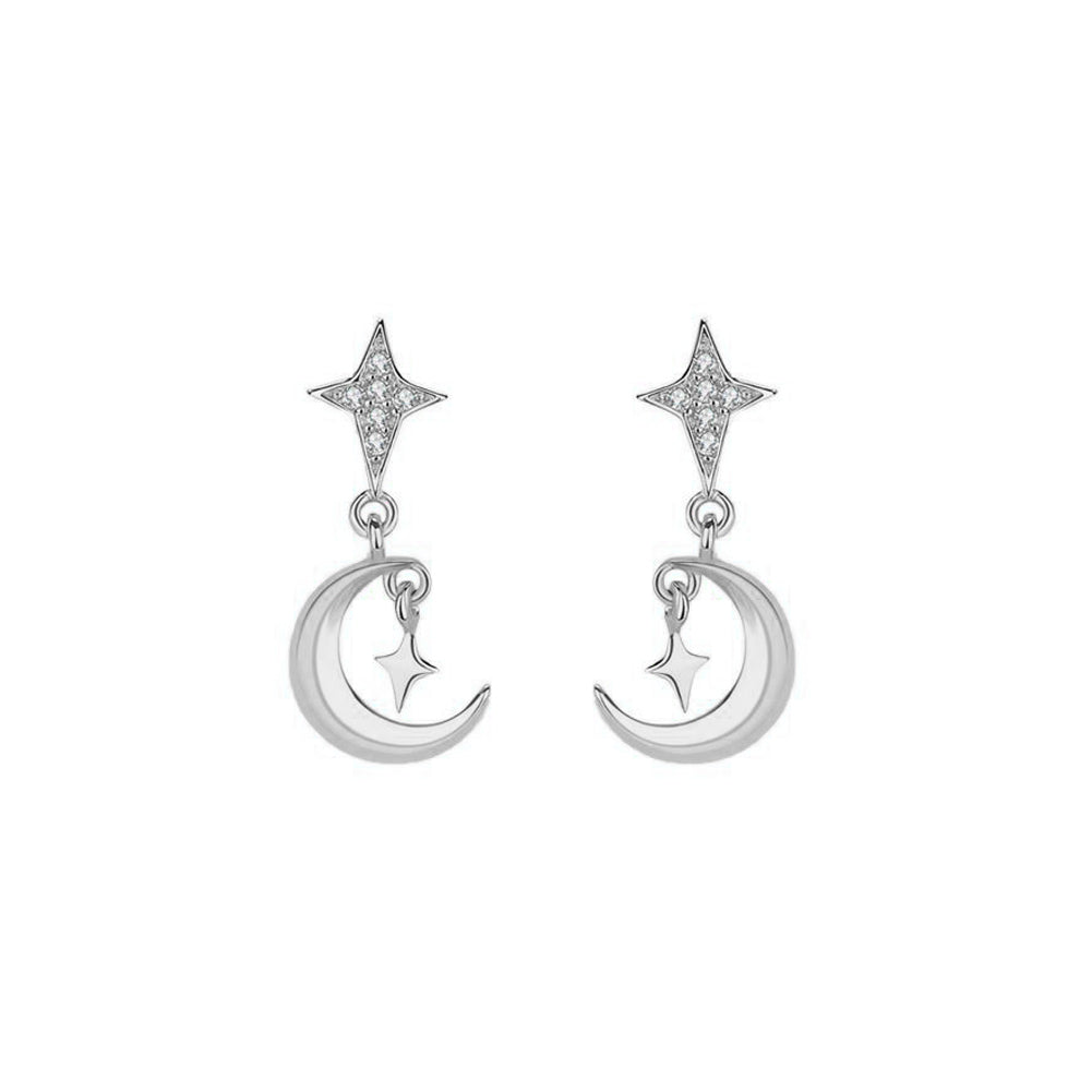 925 Sterling Silver Fashion Simple Star and Moon Stud Earrings with Cubic Zirconia