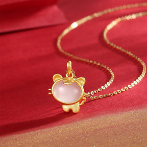 925 Sterling Silver Plated Gold Simple Cute Tiger Imitation Chalcedony Pendant with Necklace