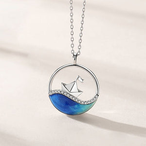 925 Sterling Silver Fashion Creative Sailing Marine Geometric Pendant with Cubic Zirconia and Necklace