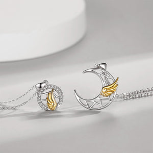 925 Sterling Silver Golden Angel Wings Moon Couple Pendant with Necklace For Men