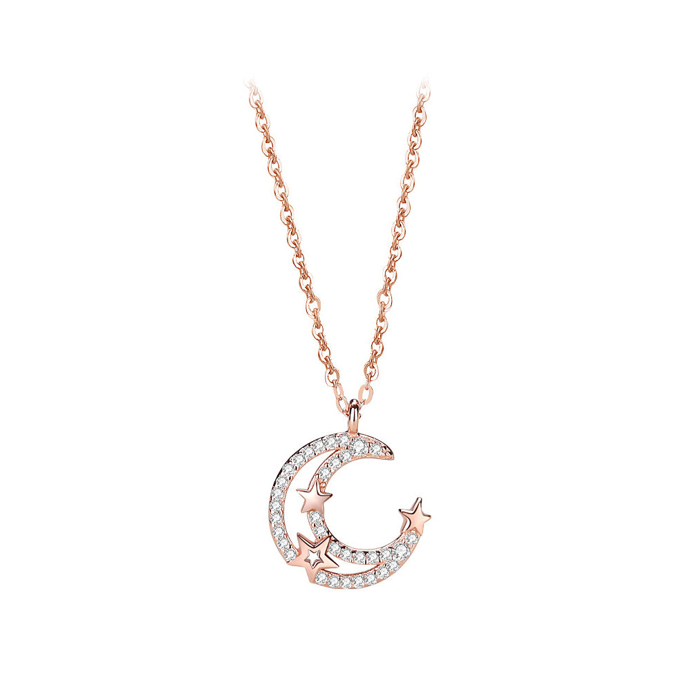925 Sterling Silver Plated Rose Gold Fashion Simple Hollow Moon Star Pendant with Cubic Zirconia and Necklace
