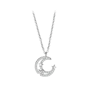 925 Sterling Silver Fashion Simple Hollow Moon Star Pendant with Cubic Zirconia and Necklace