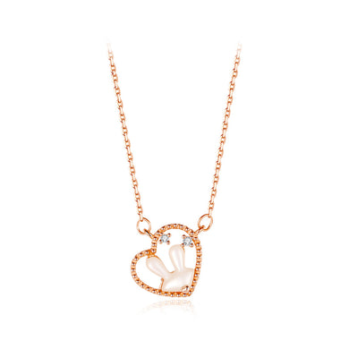 925 Sterling Silver Plated Rose Gold Simple Lovely Rabbit Mother-of-pearl Heart Pendant with Cubic Zirconia and Necklace