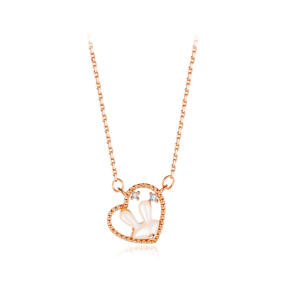 925 Sterling Silver Plated Rose Gold Simple Lovely Rabbit Mother-of-pearl Heart Pendant with Cubic Zirconia and Necklace