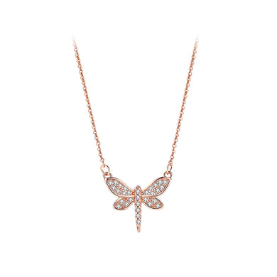 925 Sterling Silver Plated Rose Gold Simple Cute Dragonfly Pendant with Cubic Zirconia and Necklace