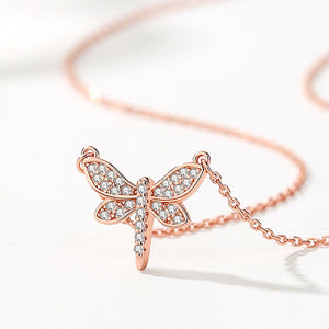 925 Sterling Silver Plated Rose Gold Simple Cute Dragonfly Pendant with Cubic Zirconia and Necklace