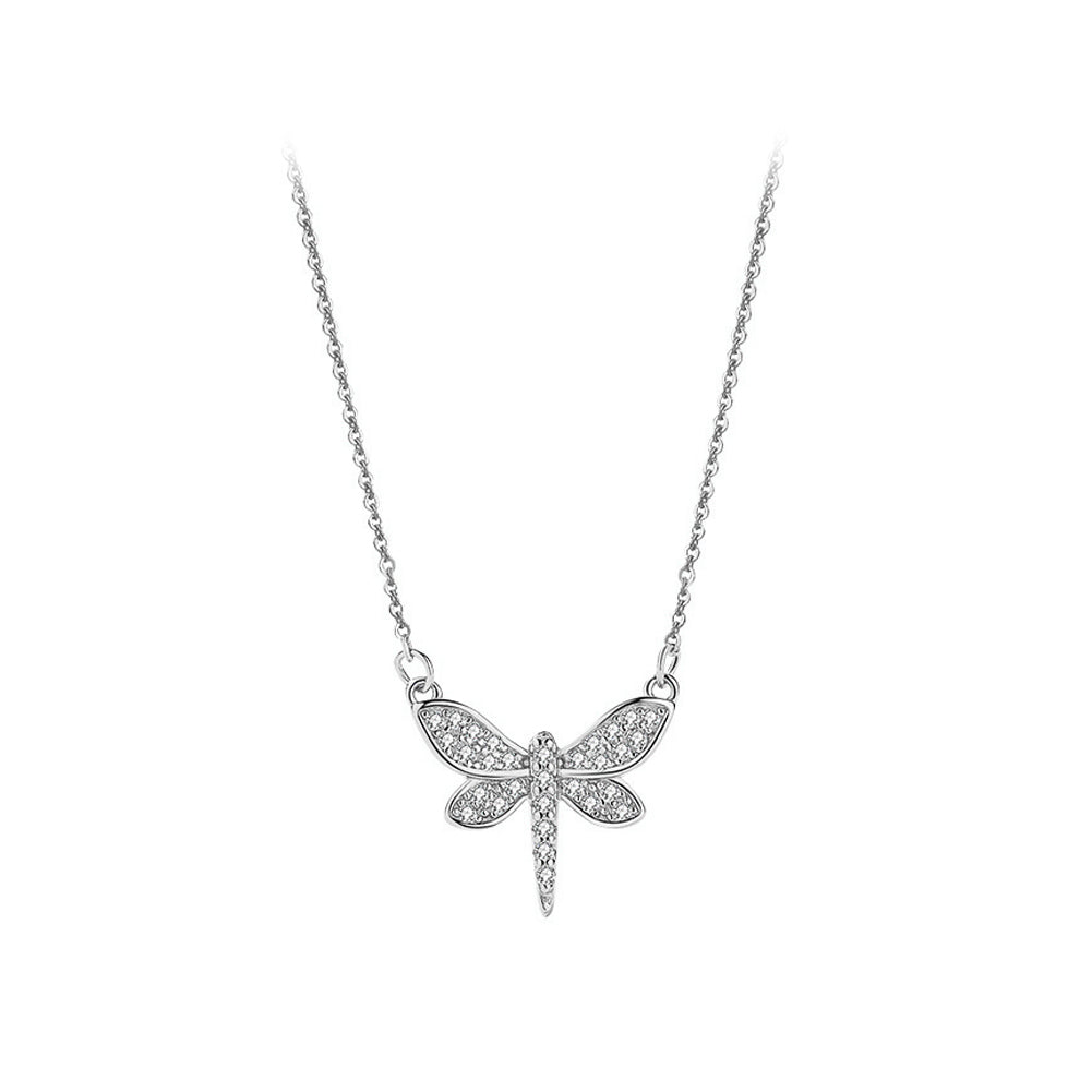 925 Sterling Silver Simple Cute Dragonfly Pendant with Cubic Zirconia and Necklace